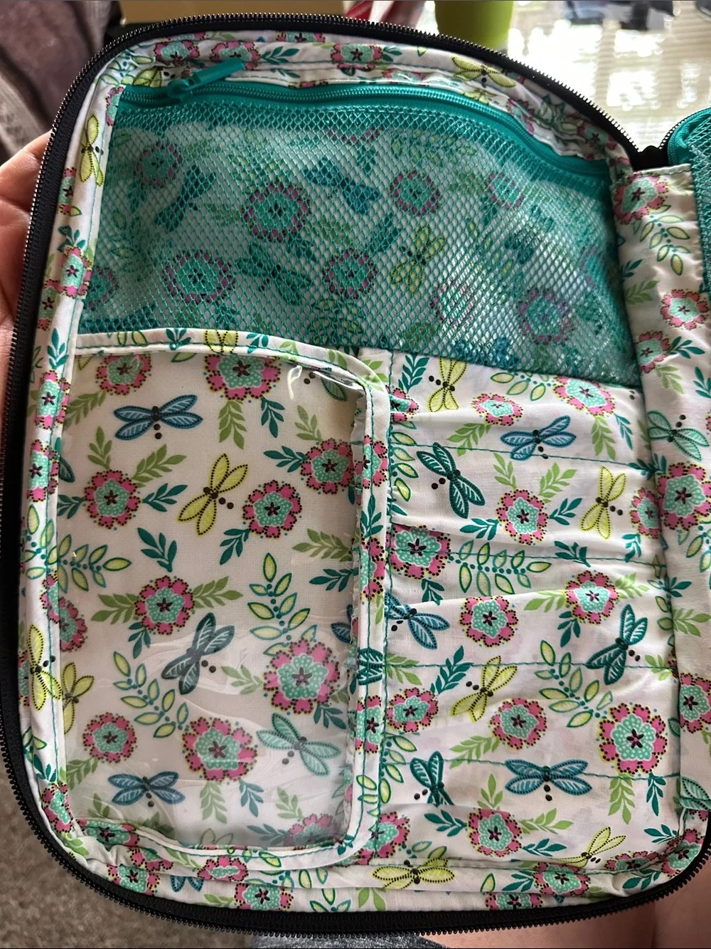 Vera Bradley Black Quilted Floral Makeup Bag with Mint Green and Pink Accents - Picture 3 of 10